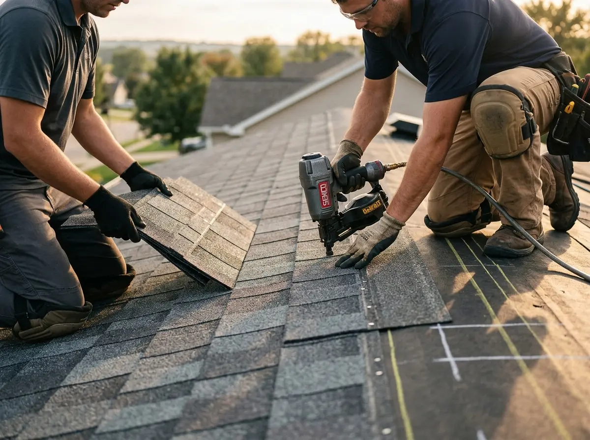 Professional roofer working on a residential roof in Escanaba